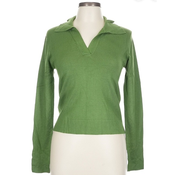 Mango Green Polo Sweater V Neck Top Medium - Picture 1 of 10